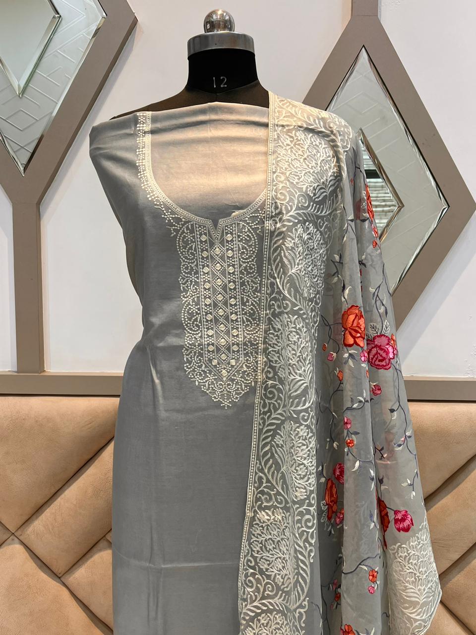 Pure Banarsi Resham Chanderi Silk Embroidery Unstitched Suit With Organza Silk Embroidery Dupatta