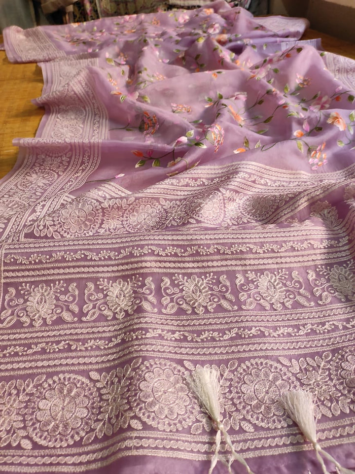 Pure Organza Silk Saree Multi Floral Jaal Work With Heavy Chikankari Pallu .