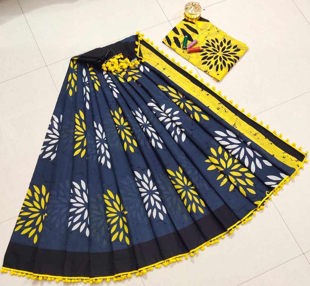 Pure Hand Block Cotton Sarees With Blouse