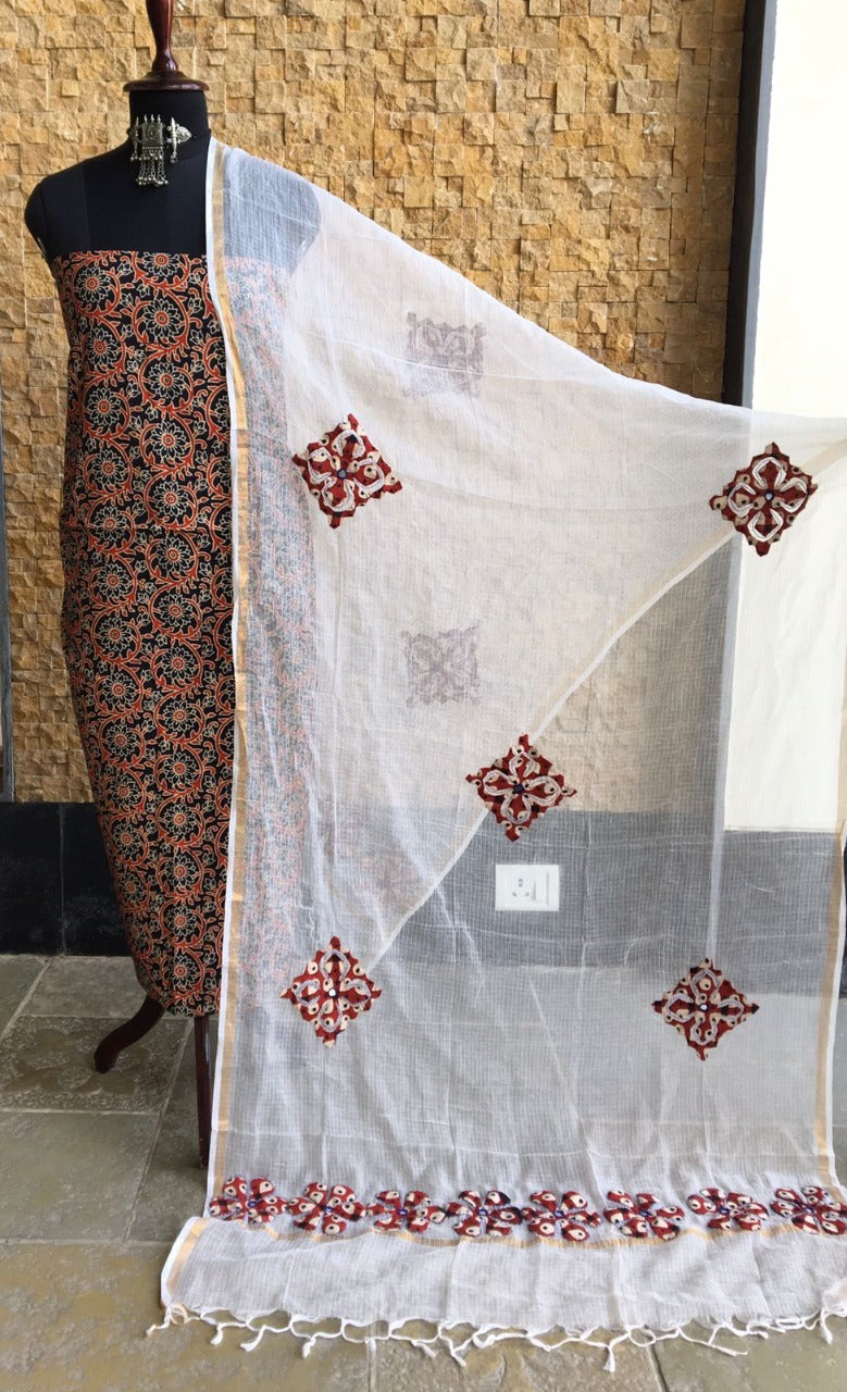 Pure Cotton Hand Block Azrak Print Unstitched Suit With Hand Work Azrak Patch Work Dupatta (With Out Bottom)