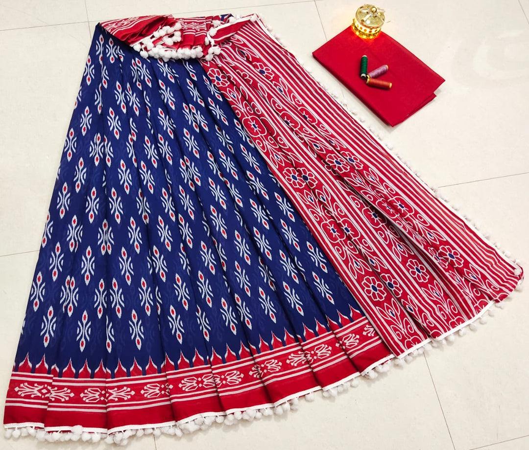 Pure Hand Block Cotton Sarees With Blouse