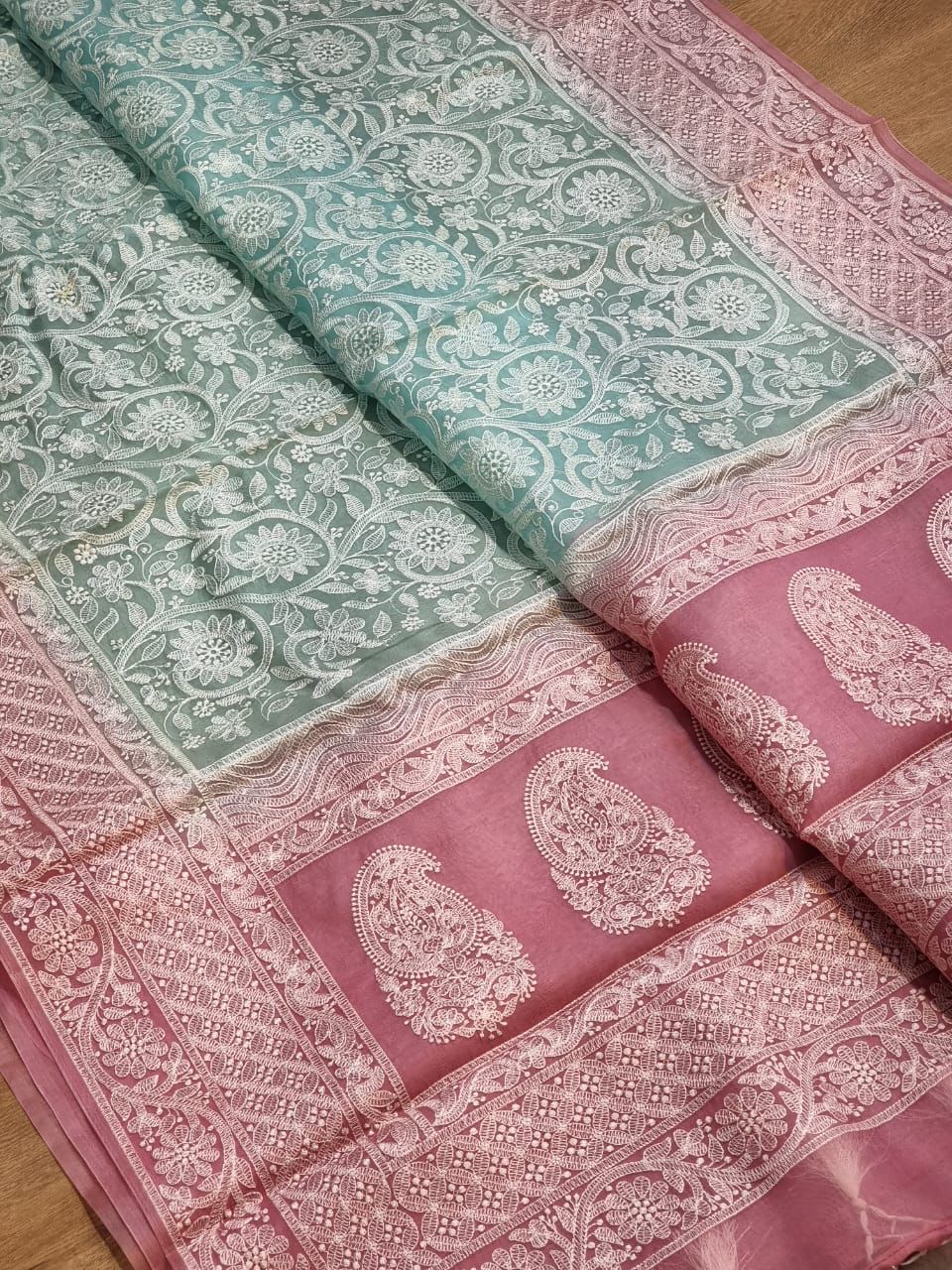 Pure Organza Chikankari Handwork Saree With Plain Blouse.