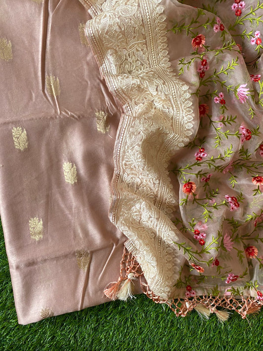 Pure Banarasi Resham Chanderi Silk Zari Weaved Suit With Organza Silk Embroidery Dupatta