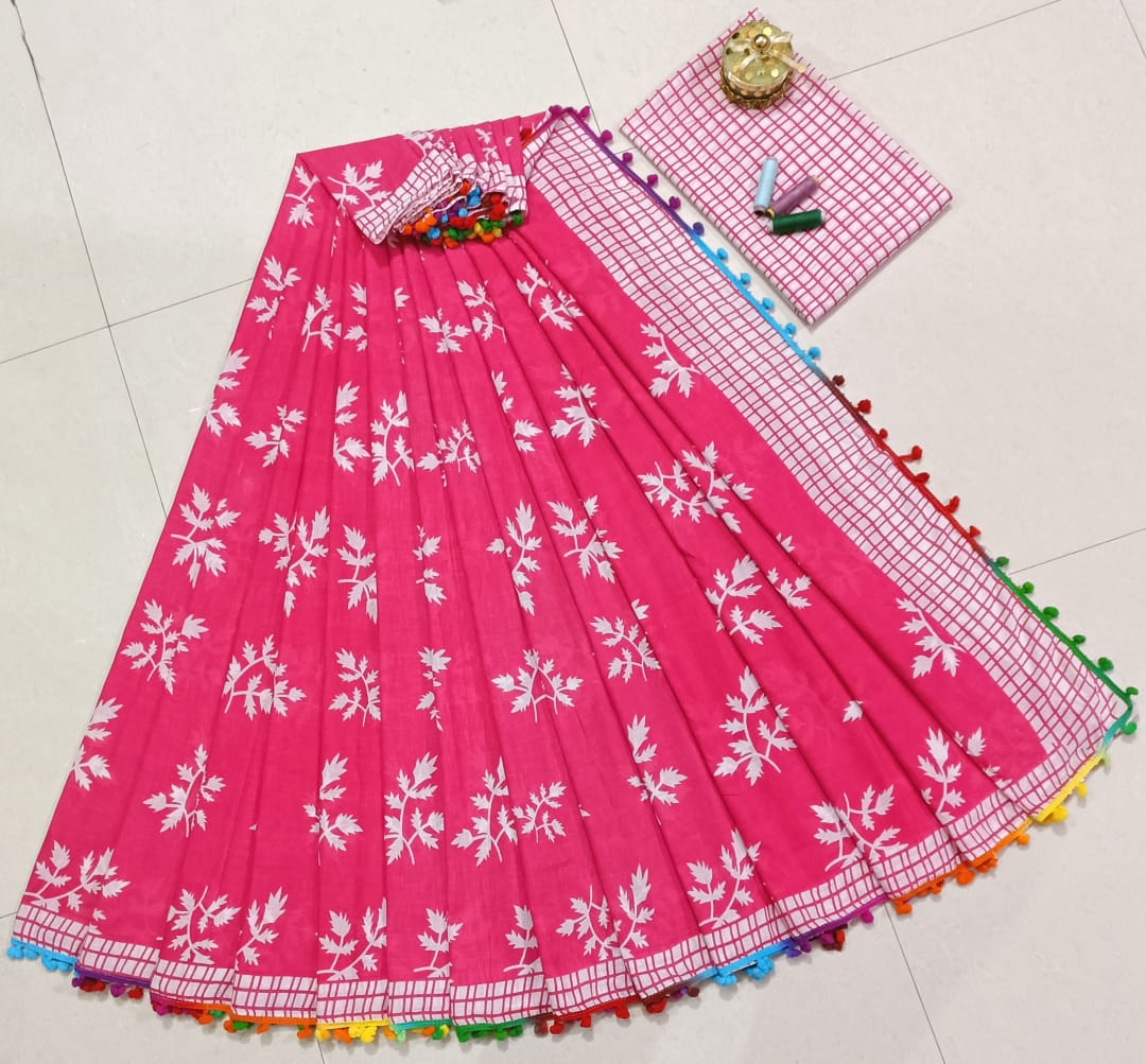 Pure Hand Block Cotton Sarees With Blouse