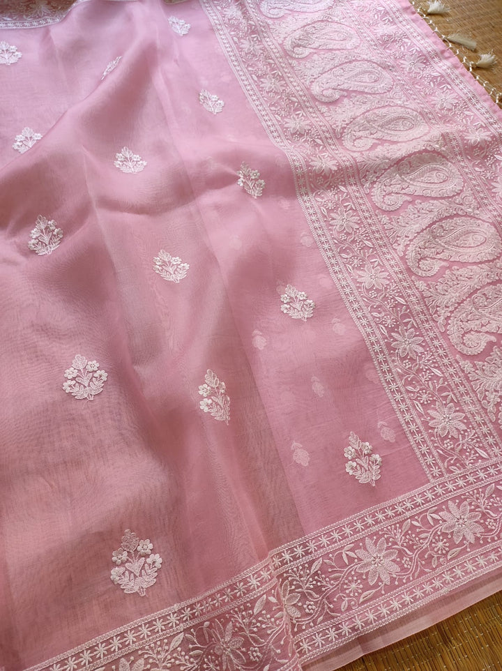 Pure Organza Silk Chikankari Embroidery Work  Saree .