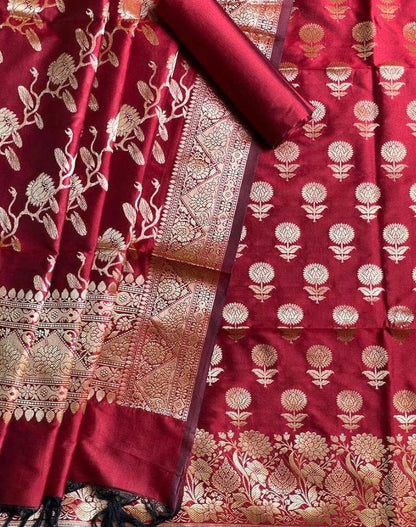 Pure Banarasi Silk Unstitched Suit With Silk Border Jaal Dupatta