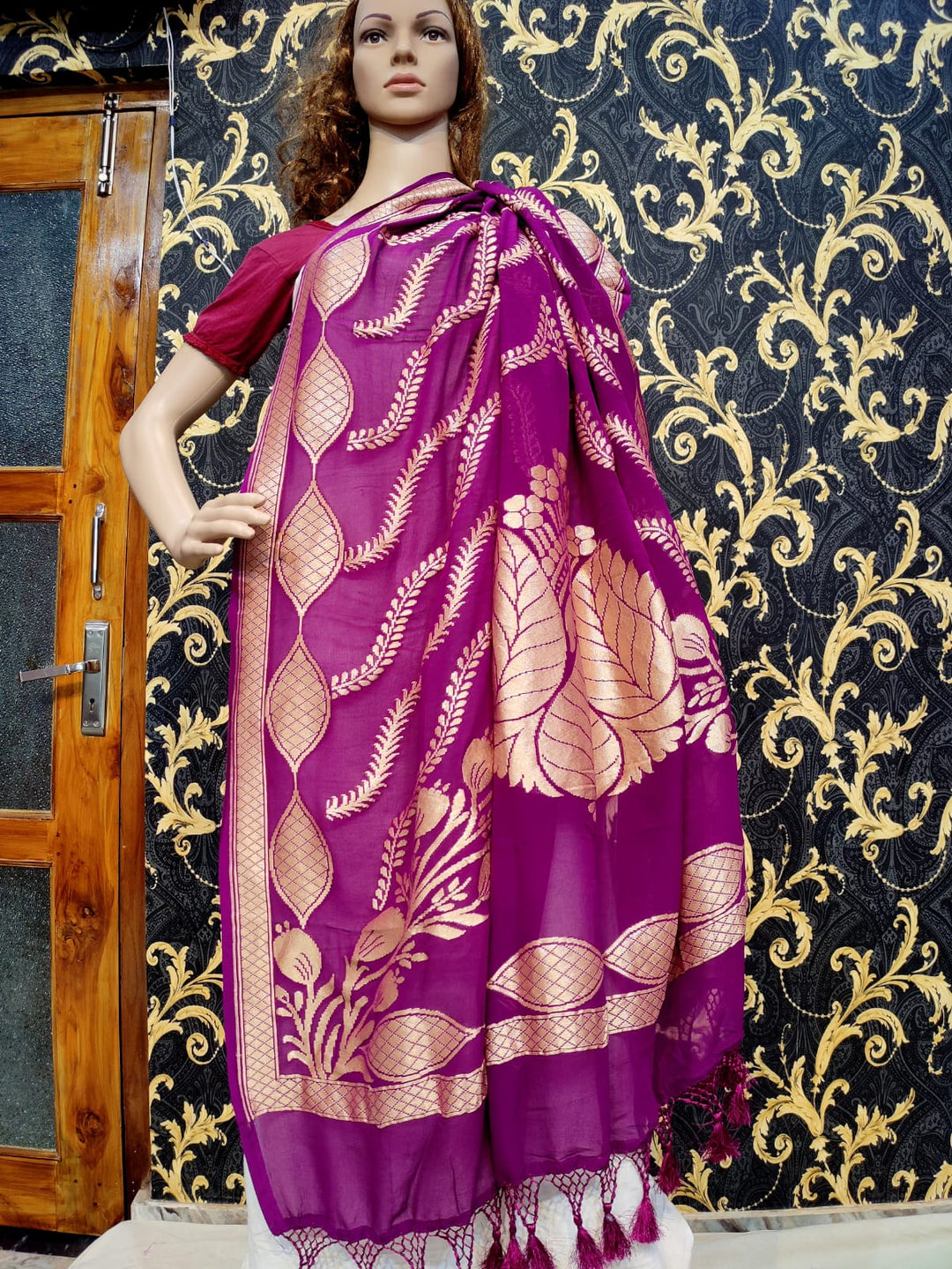 Pure Banarasi Handloom Khaddi Georgette Silk Dupatta With Heavy Zari Work ( Length-2.5 Meter )