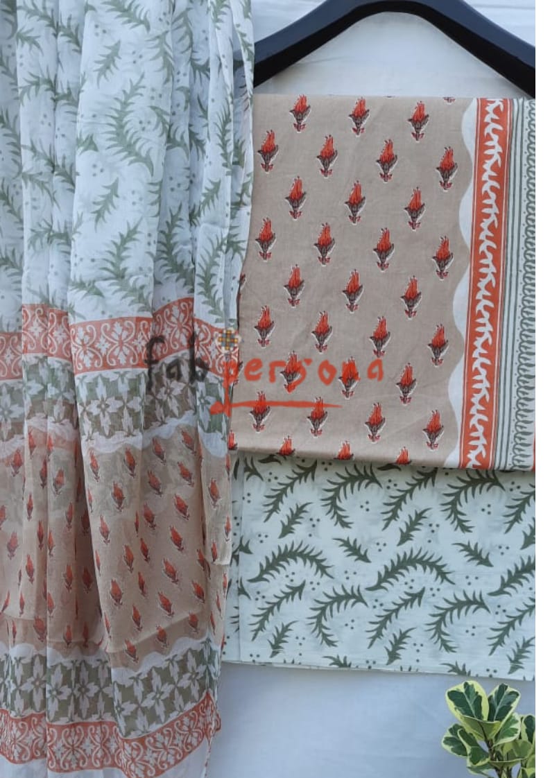 Pure Cotton Hand Block Print Unstitched Suit With Chiffon Dupatta