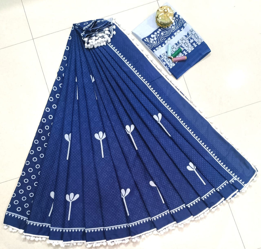 Pure Hand Block Cotton Sarees With Blouse