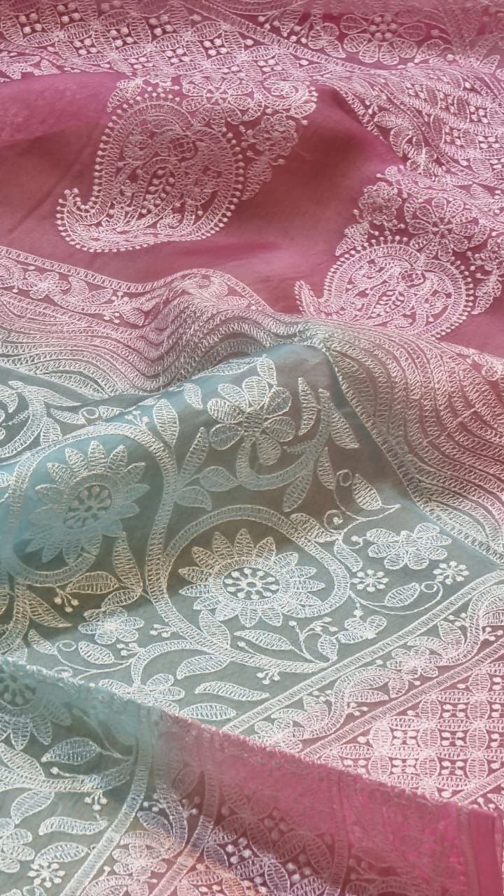 Pure Organza Chikankari Handwork Saree With Plain Blouse.