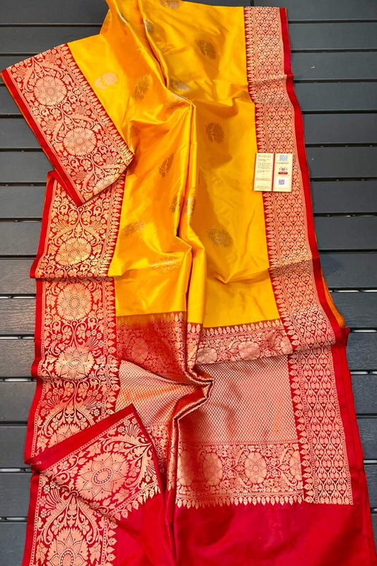 Yellow Color Pure Banarasi Katan Silk Saree With Antique Zari.