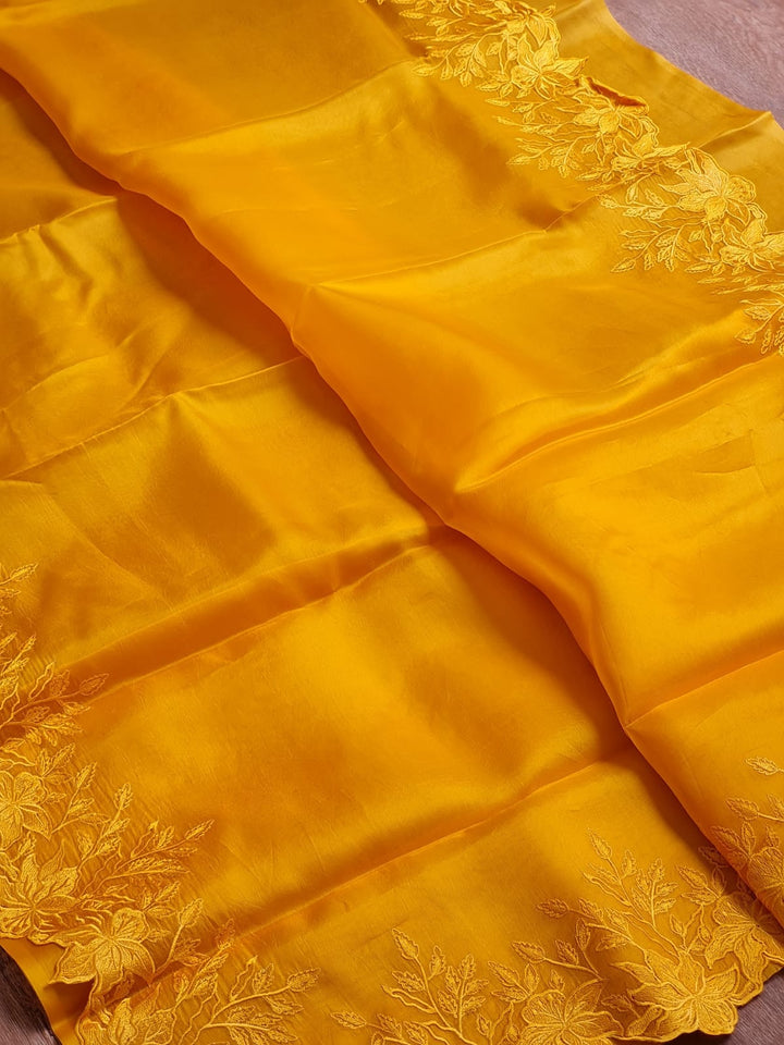 Pure Organza Silk Embroidery Alfi Cutwork Border Saree .