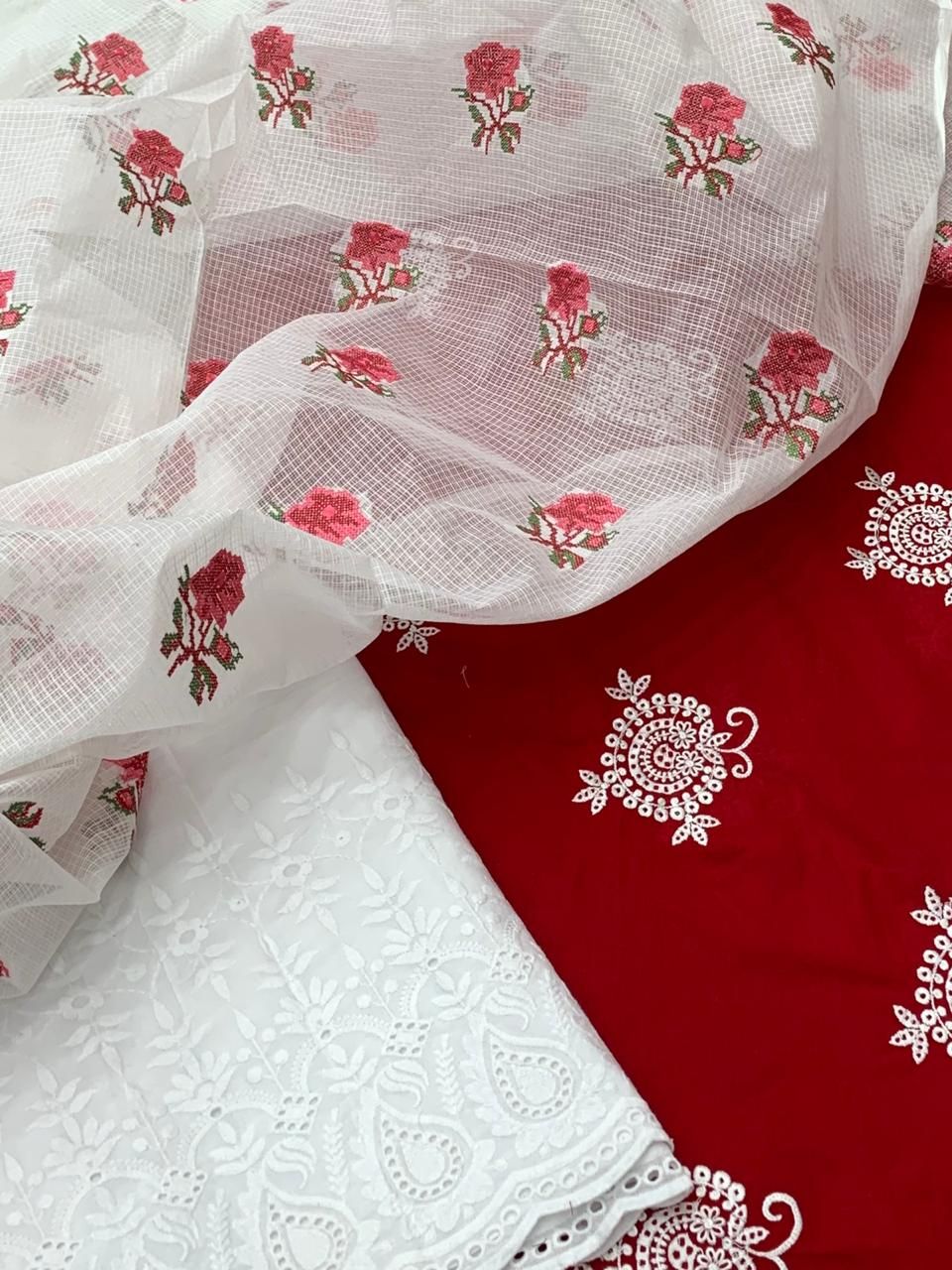 Pure Cotton Resham Work Unstitched Suits With Kota Doriya Dupatta & Chikankari Bottom .