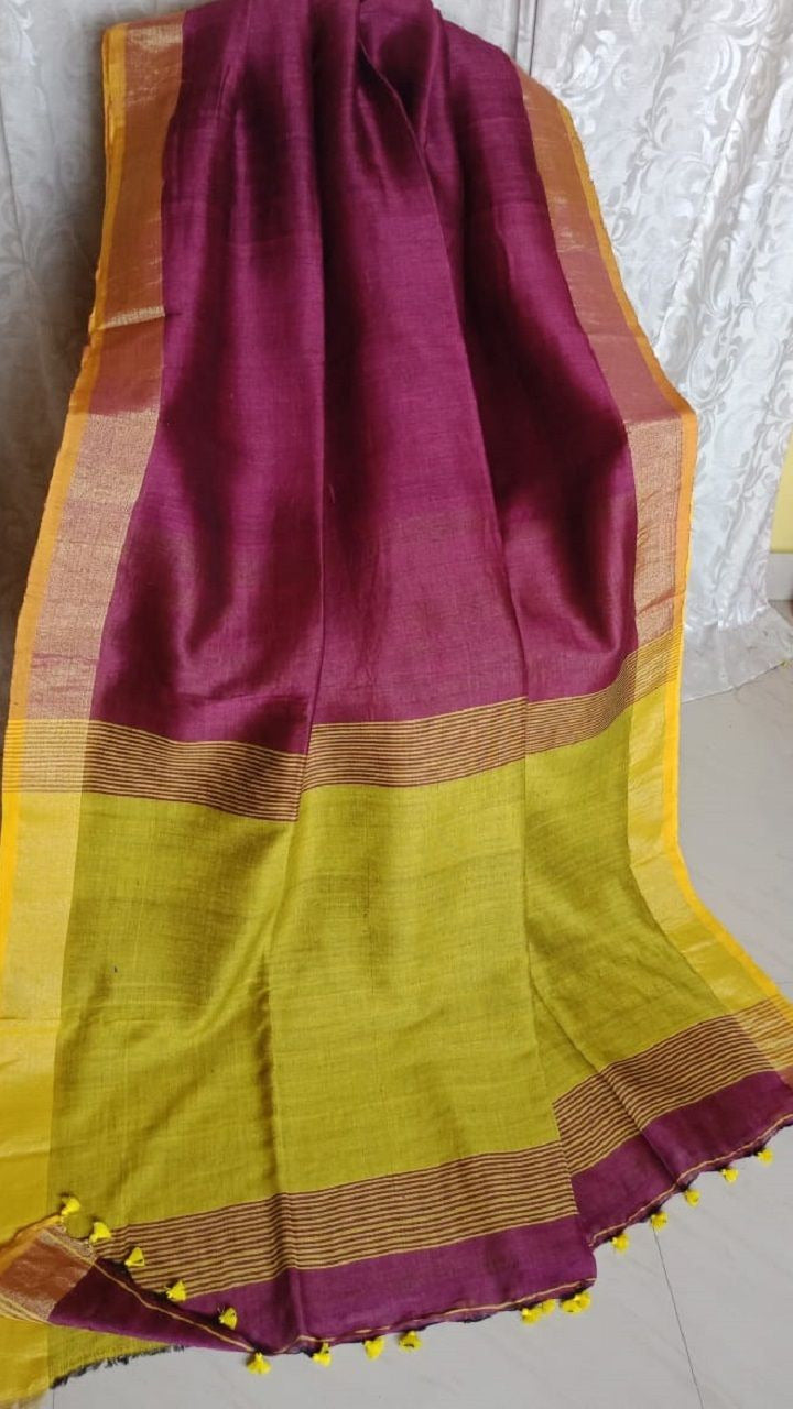 Pure Linen By Linen Plain Saree With Bloused
