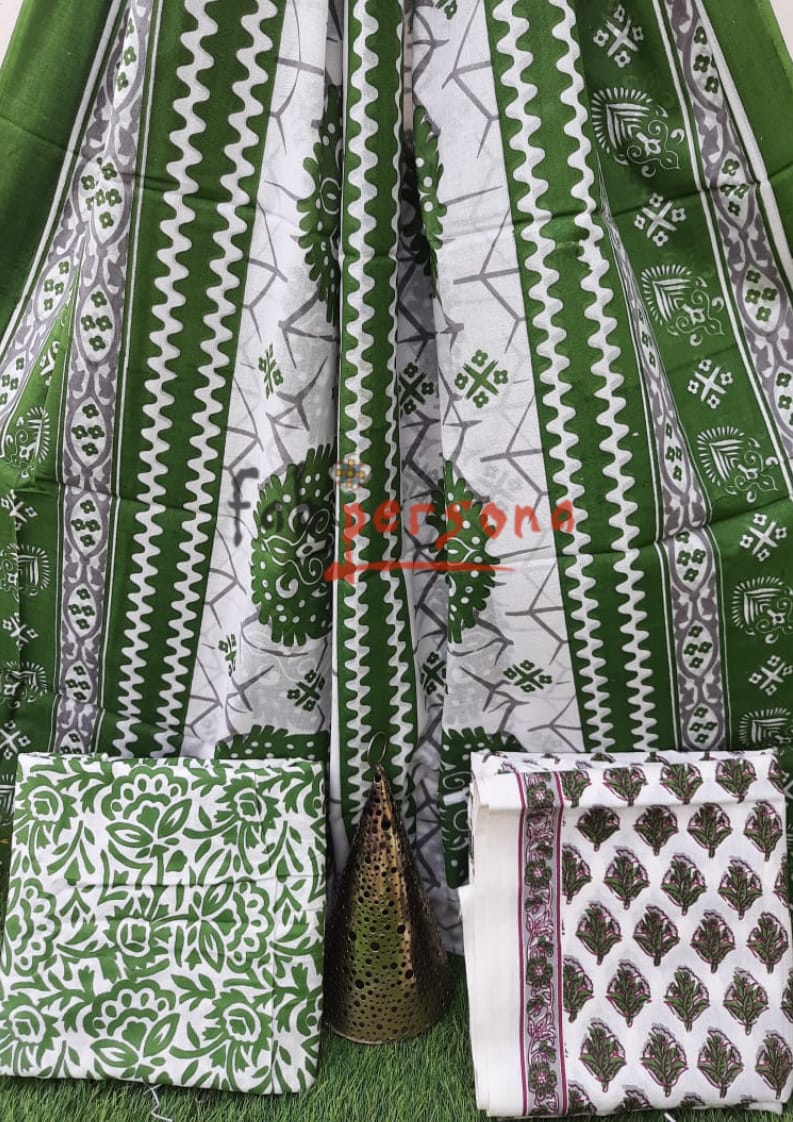 Pure Cotton Handblock Print Unstitched Suit With Cotton Dupatta
