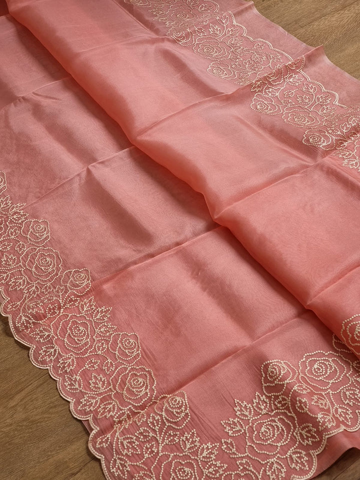 Pure Organza Silk Pearl Embroidery Cutwork Border Saree .