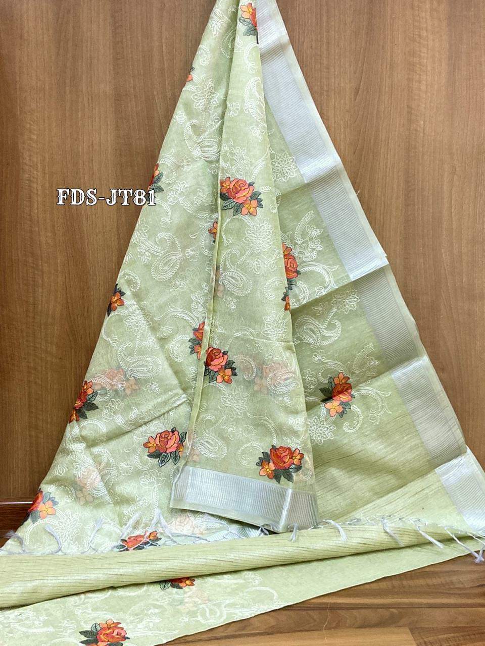 Pure Linen Tissue Silk Embroidery Work Length 6.5 meter Saree With Blouse