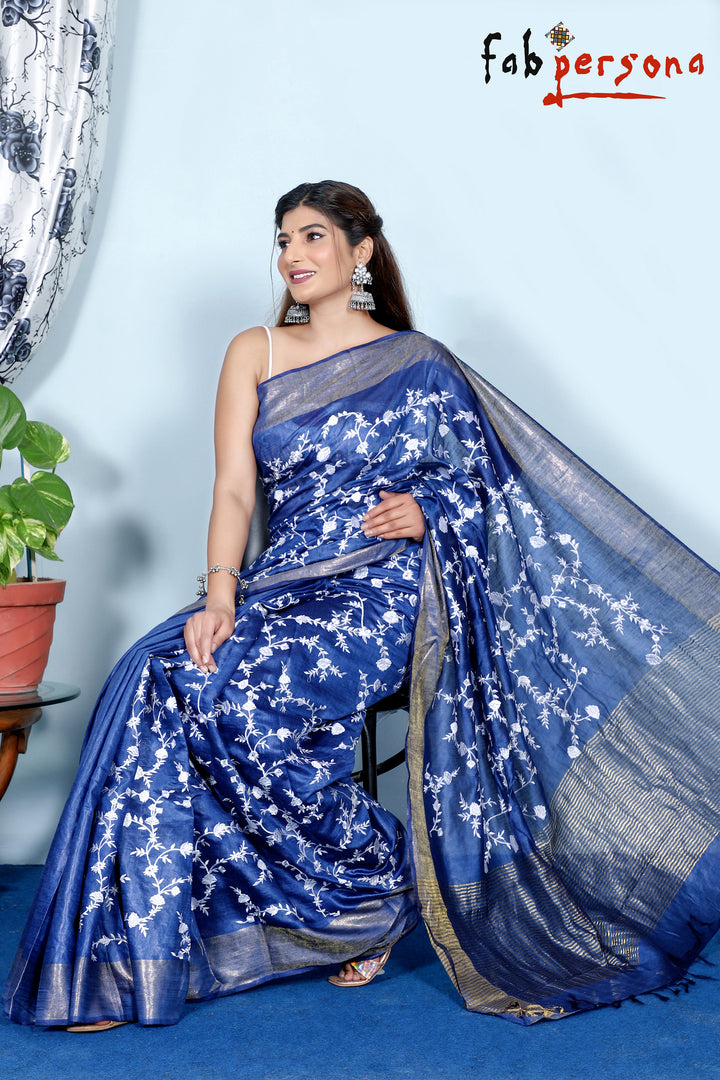 Pure Linen silk Saree Embroidery Work.( length- 6.3 meter )