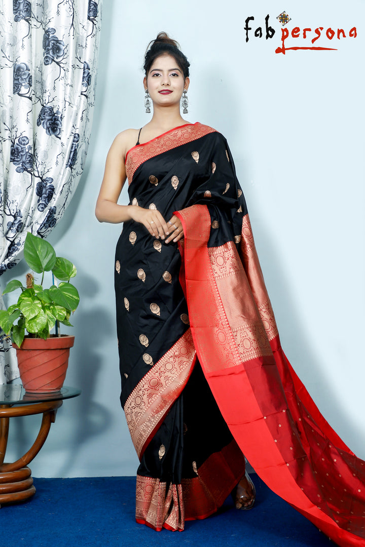 Black Color Pure Katan Silk Saree With Antique Zari Work ( Silk Mark Certified)