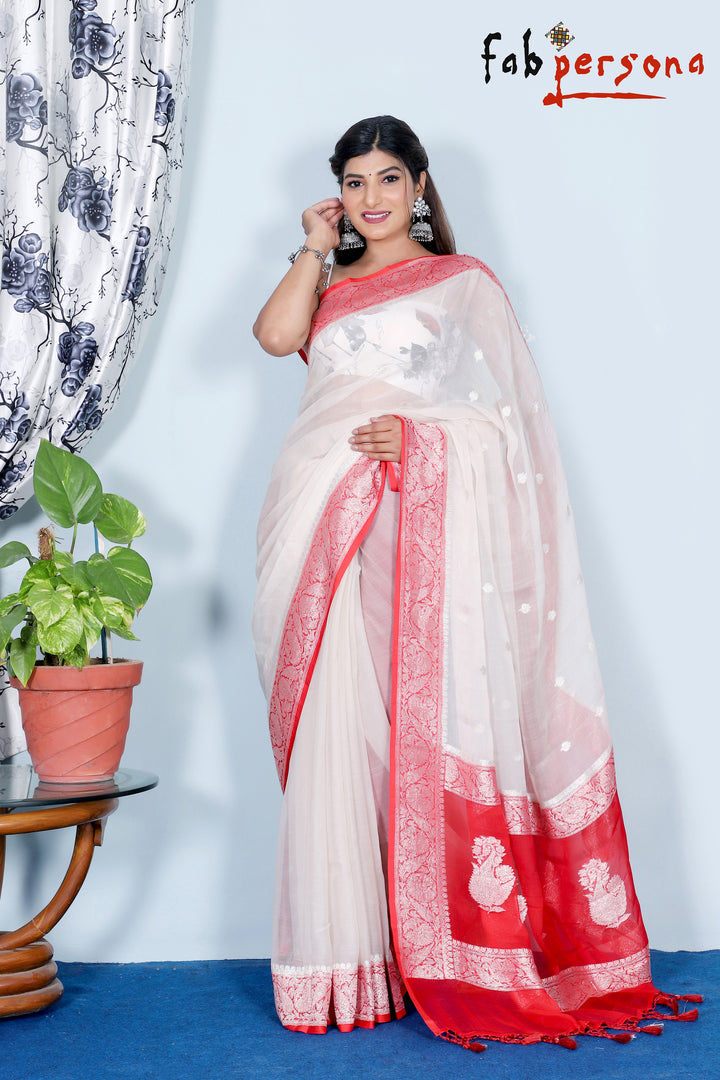 Pure Khaddi Chiffon Georgette Saree with Silver Zari Weaving blouse  ( length- 6.3 meter )