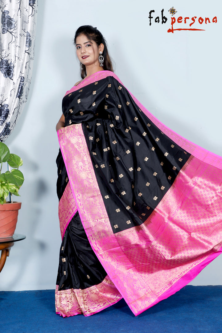 Black Color Pure Katan Silk Saree With Antique Zari Work ( Silk Mark Certified)