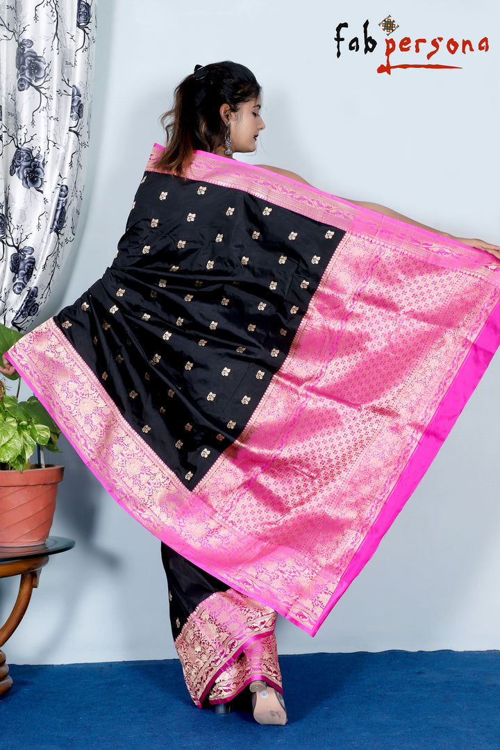 Black Color Pure Katan Silk Saree With Antique Zari Work ( Silk Mark Certified)