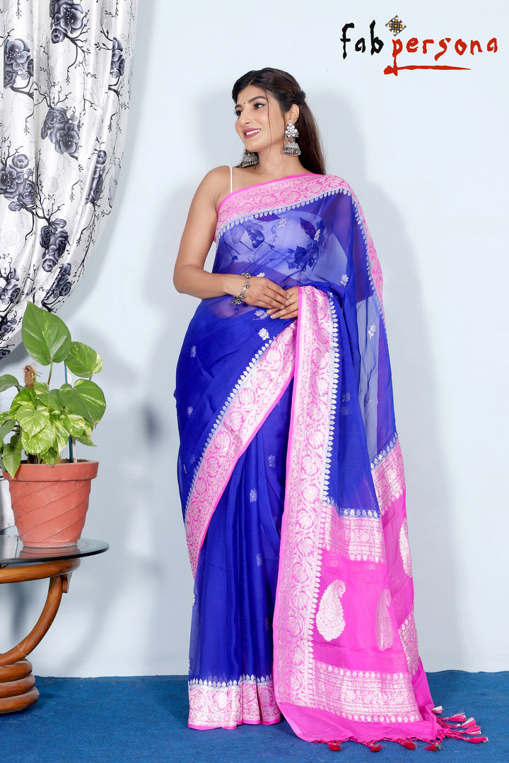 Pure Hand loom  Khaddi Chiffon Georgette Saree with Silver Zari Weaving blouse  ( length- 6.3 meter )