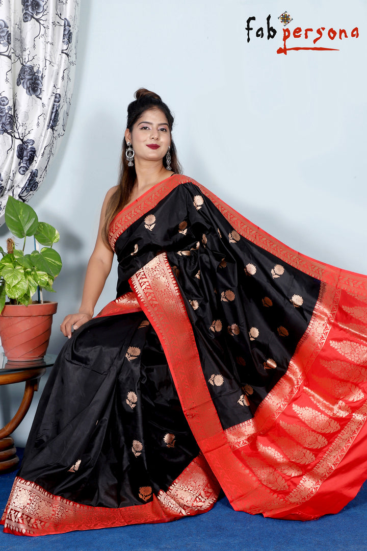 Black Color Pure Katan Silk Saree With Antique Zari Work ( Silk Mark Certified)