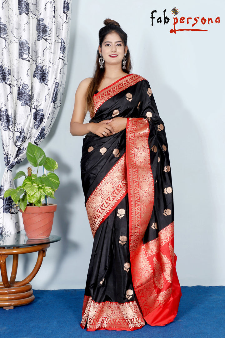 Black Color Pure Katan Silk Saree With Antique Zari Work ( Silk Mark Certified)