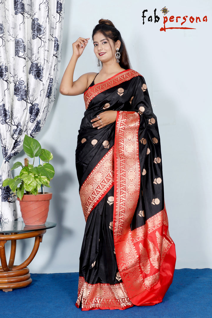 Black Color Pure Katan Silk Saree With Antique Zari Work ( Silk Mark Certified)