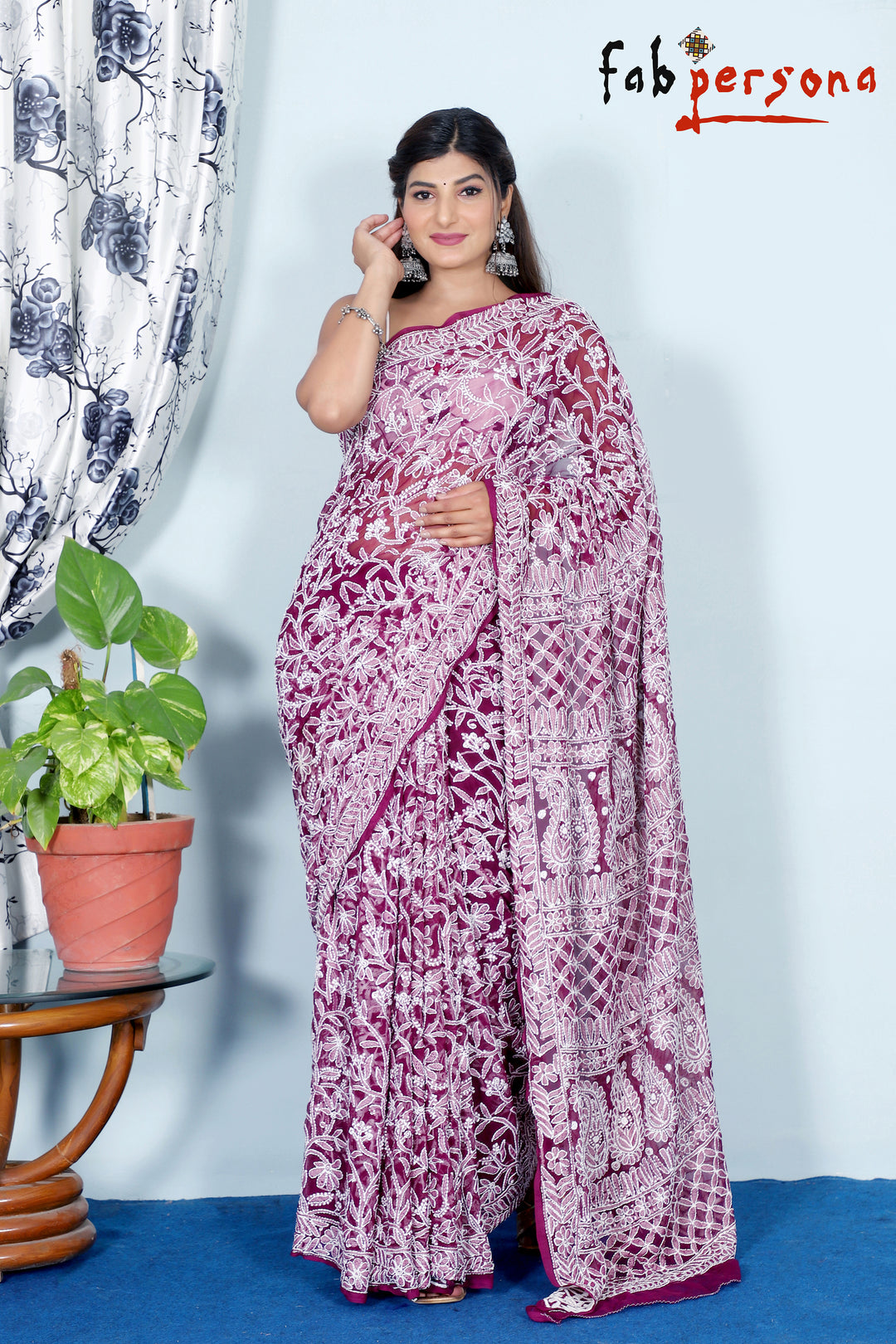 Pure Chiffon Georgette All Over Chikankari Saree With Heavy Hand Work Embroidery