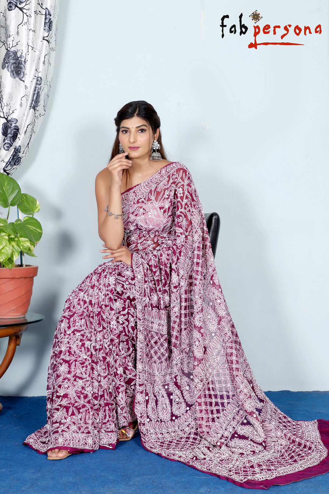 Pure Chiffon Georgette All Over Chikankari Saree With Heavy Hand Work Embroidery