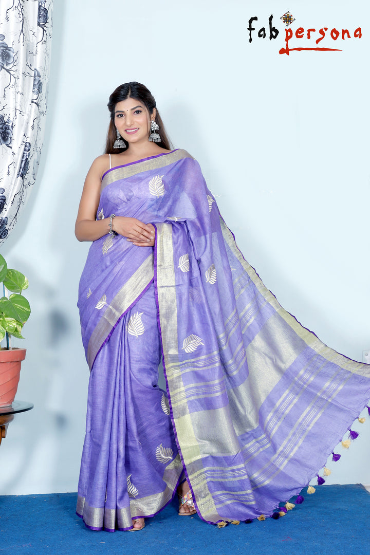 Pure Linen Silk Saree With Leaf Embroidery