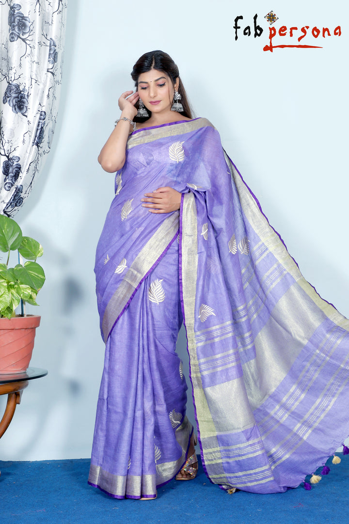 Pure Linen Silk Saree With Leaf Embroidery