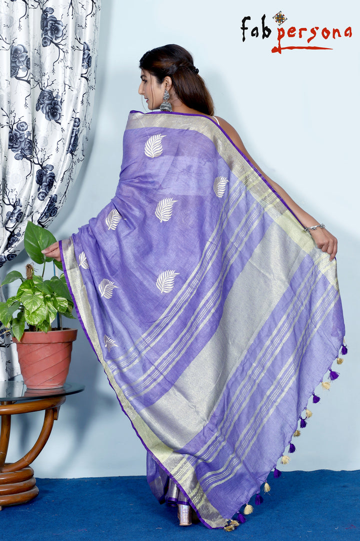 Pure Linen Silk Saree With Leaf Embroidery