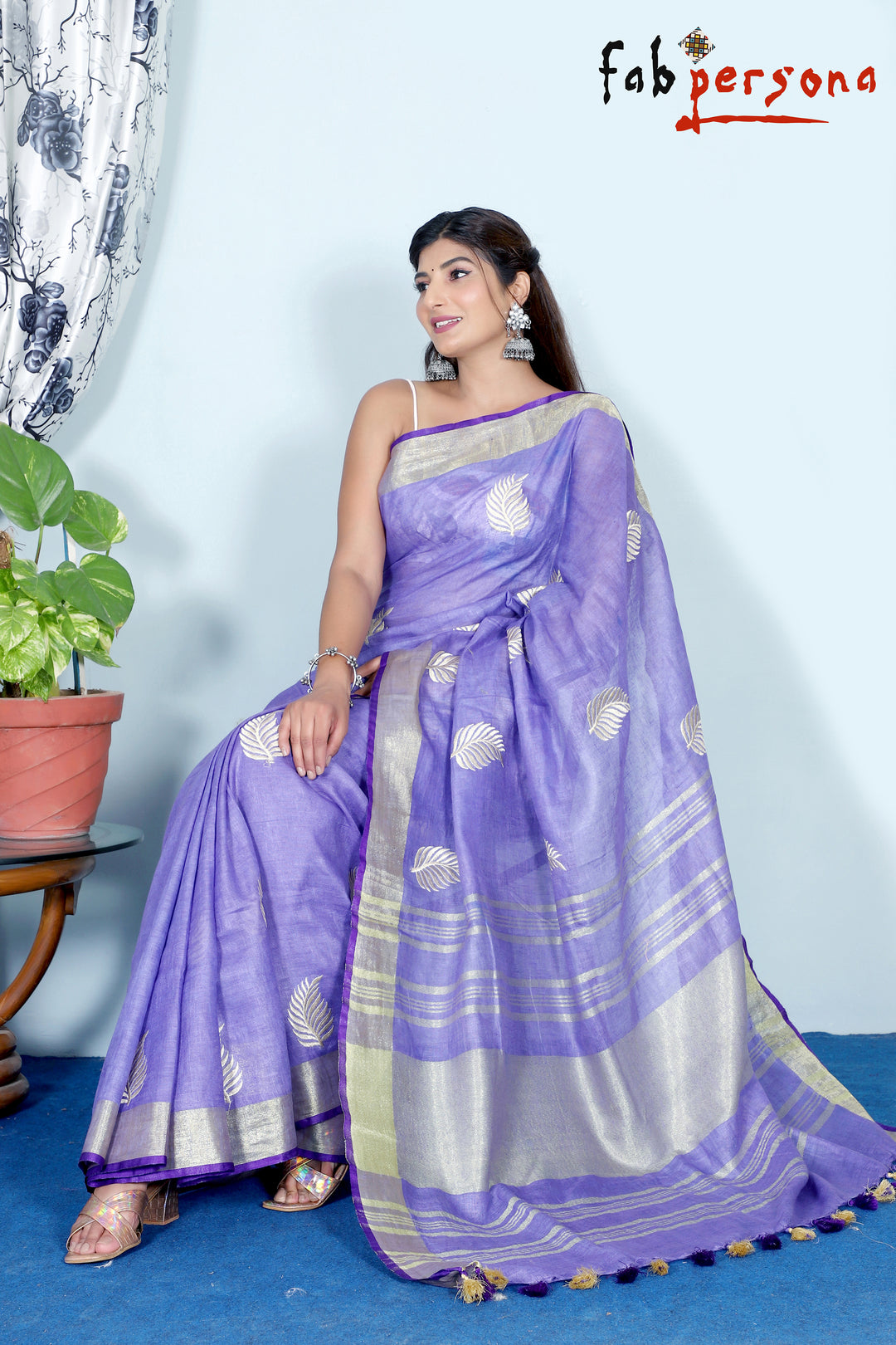 Pure Linen Silk Saree With Leaf Embroidery
