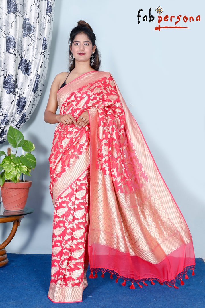 Red Color Pure Khaddi Georgette Saree with Zari work