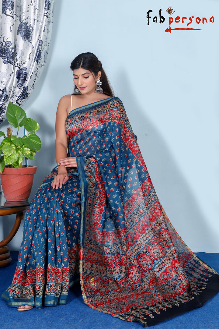 Pure Cotton Silk Azrak Saree With kalamkari Work With Blouse