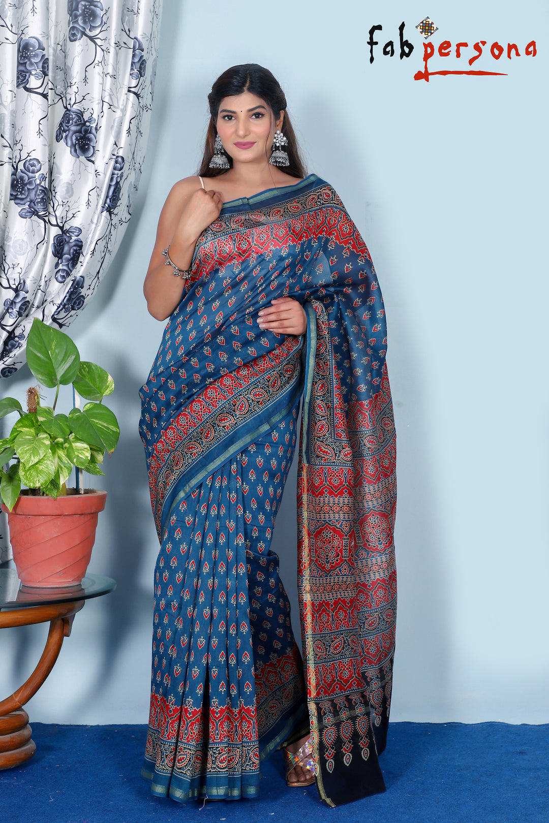 Pure Cotton Silk Azrak Saree With kalamkari Work With Blouse