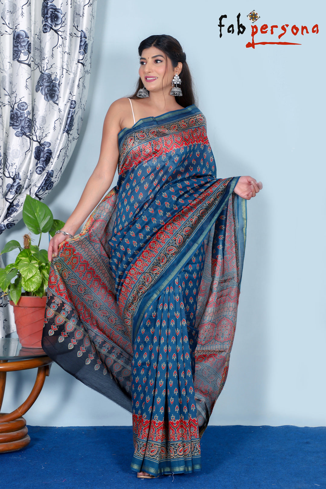 Pure Cotton Silk Azrak Saree With kalamkari Work With Blouse