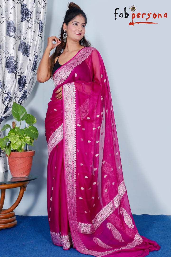 Pure Hand loom  Khaddi Chiffon Georgette Saree with Silver Zari Weaving blouse  ( length- 6.3 meter )