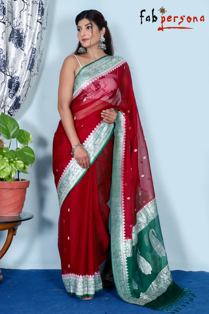 Pure Khaddi Chiffon Georgette Saree with Silver Zari Weaving blouse  ( length- 6.3 meter )