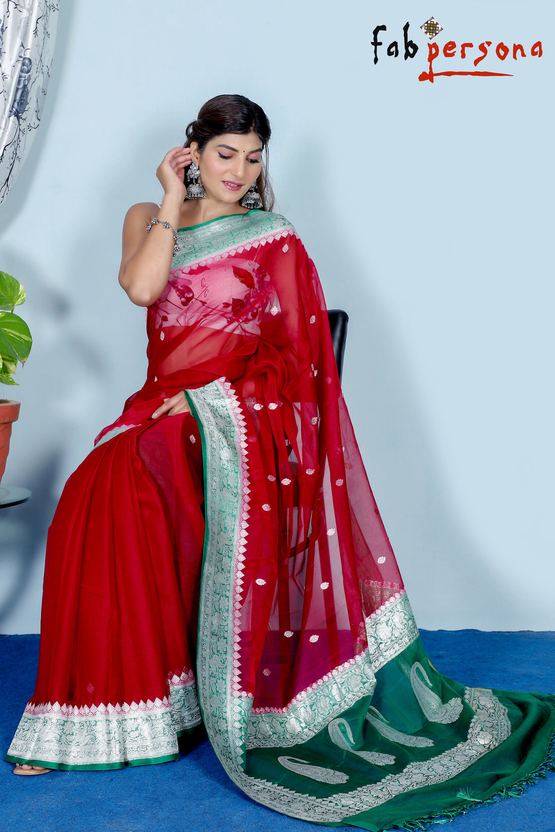 Pure Khaddi Chiffon Georgette Saree with Silver Zari Weaving blouse  ( length- 6.3 meter )