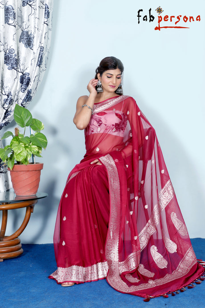 Pure Hand loom  Khaddi Chiffon Georgette Saree with Silver Zari Weaving blouse  ( length- 6.3 meter )