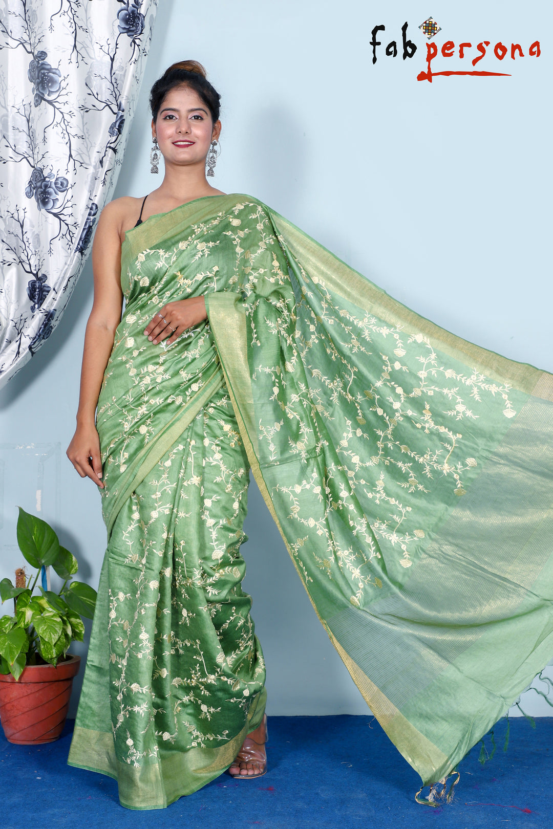 Pure Linen silk Saree Embroidery Work.( length- 6.3 meter )