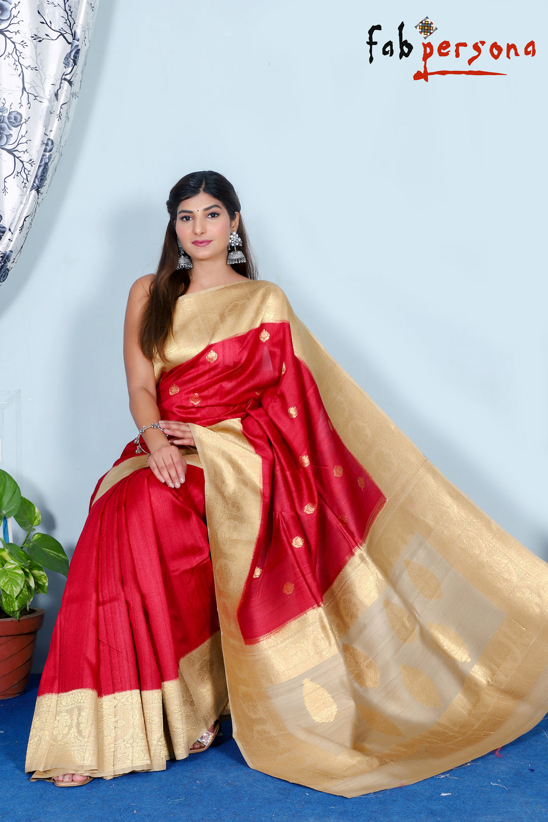 Red Color Pure Tussar Silk Saree With Antique Zari Work ( Silk Mark Certified)