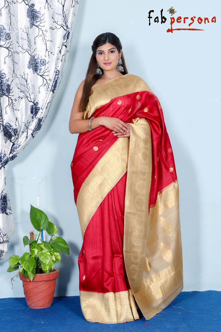 Red Color Pure Tussar Silk Saree With Antique Zari Work ( Silk Mark Certified)