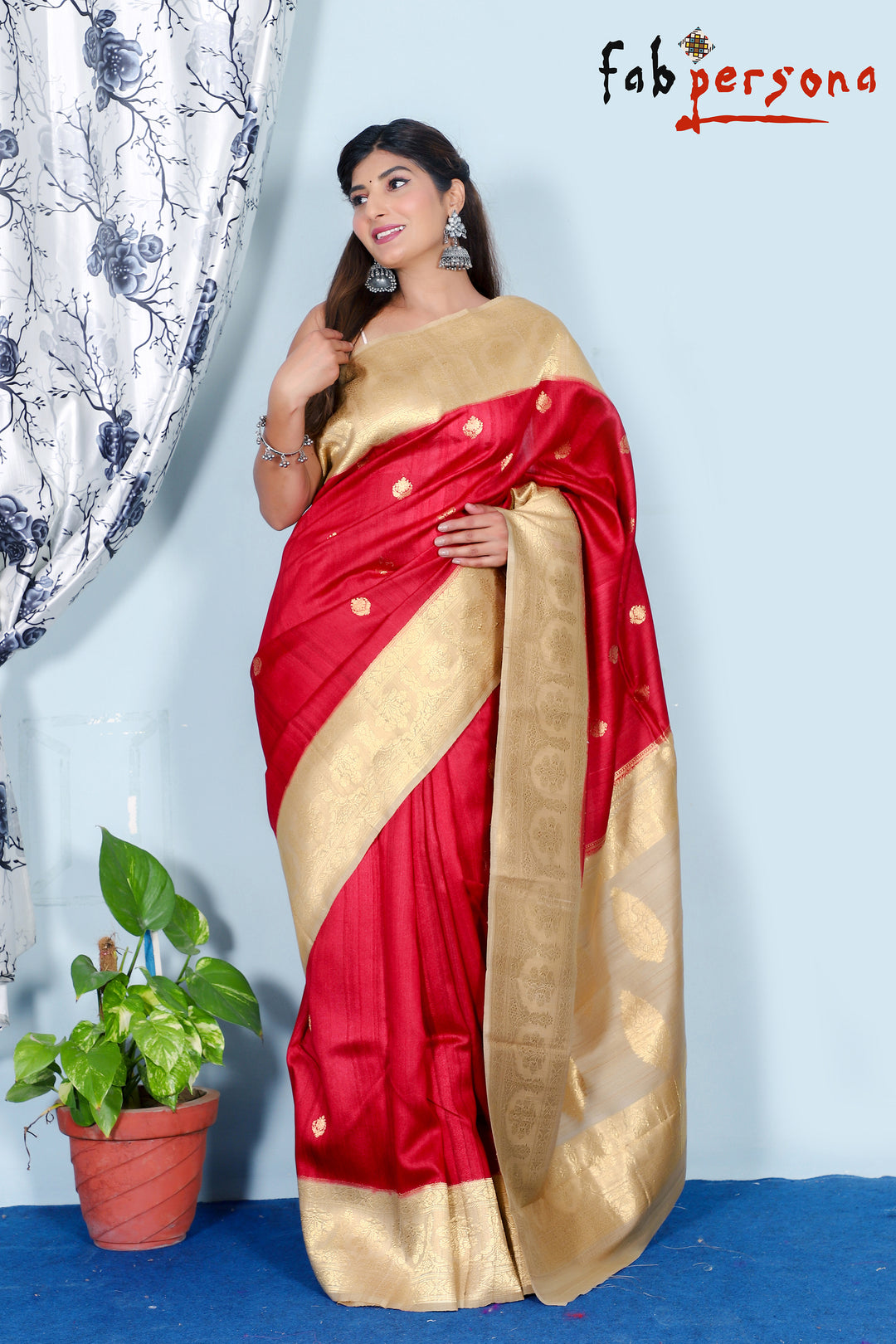 Red Color Pure Tussar Silk Saree With Antique Zari Work ( Silk Mark Certified)