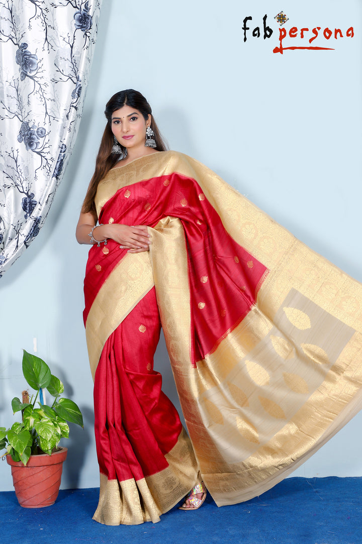 Red Color Pure Tussar Silk Saree With Antique Zari Work ( Silk Mark Certified)