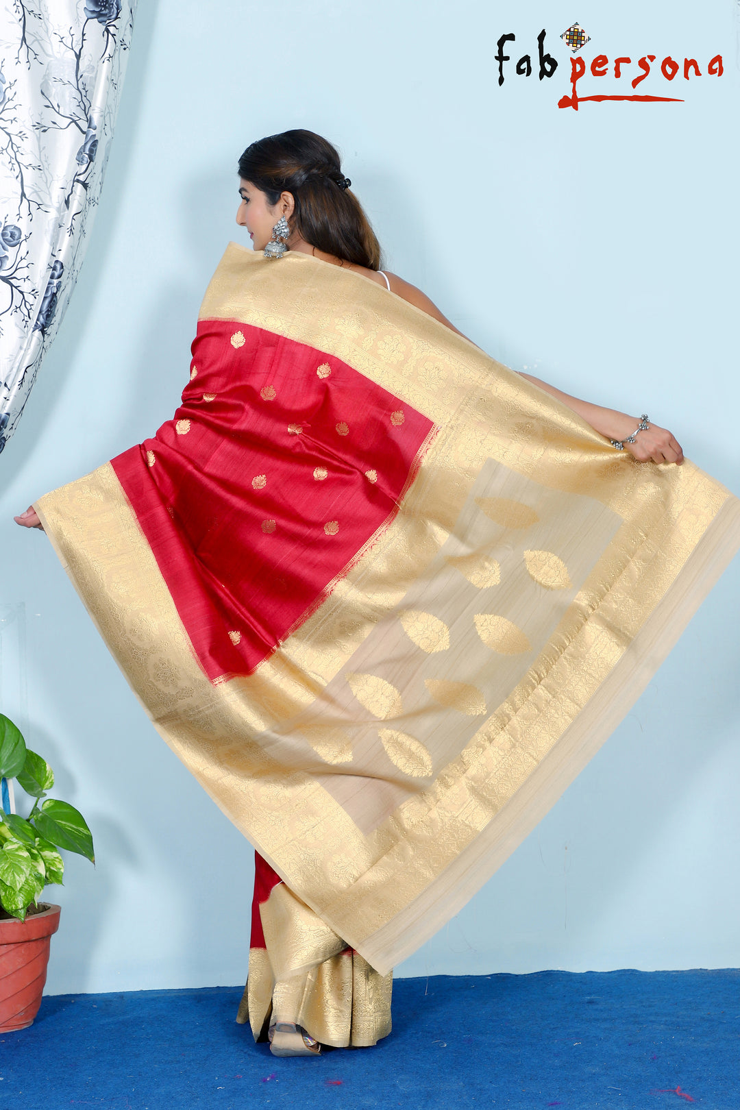Red Color Pure Tussar Silk Saree With Antique Zari Work ( Silk Mark Certified)